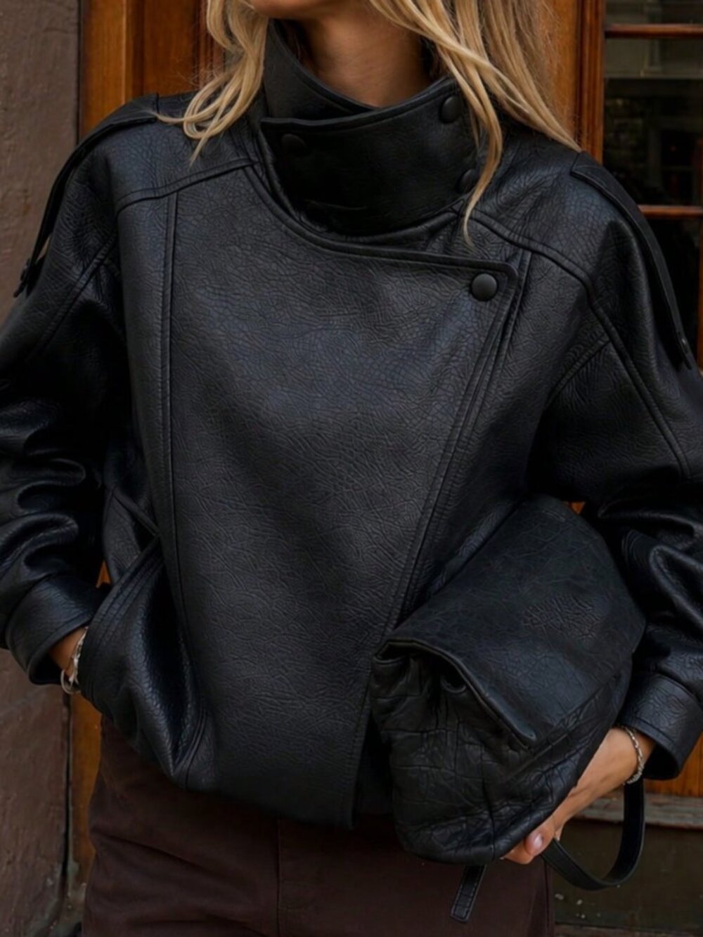 Black Casual Women's Oversized High Neck Faux Leather Jacket